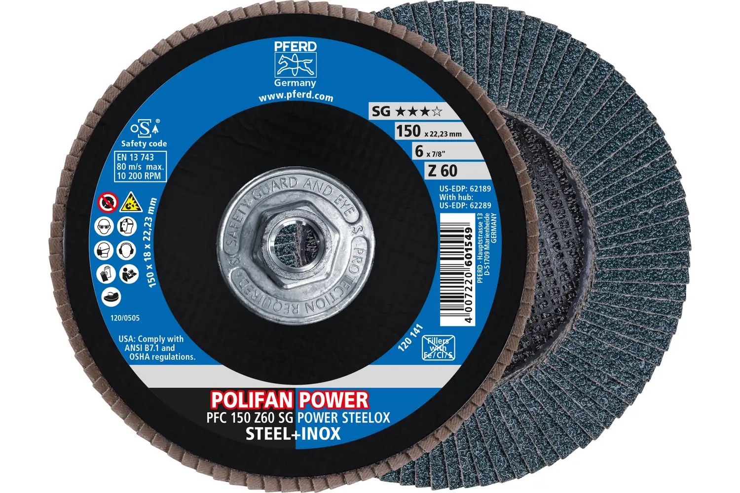 Picture of Pferd Flap Disc, 6" x 5/8-11, Z SG Power Steelox, 60 Grit, T29, Conical, Zirconia